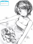  1girl bare_arms bare_shoulders blush breasts cleavage closed_mouth dress greyscale head_tilt highres hololive looking_at_viewer medium_breasts monochrome nanashi_(nlo) oozora_subaru short_hair smile solo subaru_duck white_background 