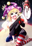  0-den 2girls absurdres alternate_eye_color american_flag_pants bangs bare_shoulders black_headwear black_shirt black_sky blonde_hair blush blush_stickers brown_eyes closed_mouth clothes_writing clownpiece collarbone commentary_request cosplay eyebrows_visible_through_hair eyes_visible_through_hair fairy_wings fang hair_between_eyes hand_up hat heart heart_print hecatia_lapislazuli hecatia_lapislazuli_(cosplay) highres jester_cap long_hair looking_at_another looking_to_the_side medium_hair moon multiple_girls night night_sky no_shoes off-shoulder_shirt off_shoulder open_mouth pants pantyhose polka_dot polos_crown purple_headwear red_eyes red_hair seiza shirt short_sleeves sitting sky smile space speech_bubble star_(sky) star_(symbol) star_print starry_sky striped striped_pants t-shirt tongue touhou translation_request underworld_(ornament) wings 