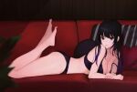  1girl absurdres ass bare_arms bare_legs bare_shoulders barefoot bario black_bra black_hair black_panties bra breasts cigarette cleavage couch highres legs_up long_hair looking_at_viewer lying medium_breasts mouth_hold on_couch on_stomach original panties purple_eyes solo spaghetti_strap strap_slip thighs underwear underwear_only 