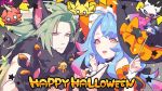  1boy 1girl bell blue_hair breasts claw_pose claws cleavage dragalia_lost dragon dragon_boy dragon_girl dragon_horns gradient_hair green_hair halloween_costume happy_halloween hat holding holding_wand horns long_hair looking_at_viewer mercury_(dragalia_lost) midgardsormr_(dragalia_lost) multicolored_hair official_art orange_eyes pink_hair smile wand wavy_hair witch_hat wolf_boy wolf_paws wrist_cuffs 