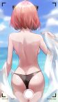  1girl ahoge anya_(spy_x_family) ass back backboob bare_back bikini bikini_bottom_only blue_sky blurry blurry_background breasts chinese_commentary cloud commentary_request cowboy_shot day from_behind hair_ornament highres medium_breasts mumu_mago ocean older pink_hair sky solo spy_x_family standing swimsuit thigh_gap thighs topless water 