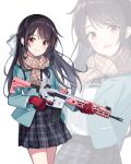  1girl absurdres ar-15 black_hair blue_jacket bow bowtie closed_mouth gloves gun hair_between_eyes hair_ornament half_updo highres jacket long_hair long_sleeves one_side_up open_mouth original red_eyes red_gloves rifle scarf school_uniform skirt smile uniform weapon yaruwashi 