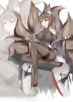  1girl 3098644761 \m/ absurdres amagi_(azur_lane) animal_ears animal_print azur_lane bare_shoulders bird bodystocking breasts brown_hair brown_tail chinese_commentary clothing_cutout covered_nipples crane_(animal) fox_ears full_body highres japanese_clothes kimono kitsune kyuubi large_breasts long_hair long_sleeves multiple_tails no_shoes open_clothes open_kimono purple_eyes shoulder_cutout soles solo tail white_kimono wide_sleeves 