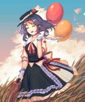  1girl :d alternate_costume arm_behind_back balloon bangs black_headwear black_skirt black_vest blue_hair bow buttons closed_eyes cloud collared_shirt cowboy_shot facing_viewer fedora floating_hair frilled_hat frilled_shirt_collar frills furahata_gen gloves grass hat hat_bow highres holding holding_suitcase kumoi_ichirin lolita_fashion medium_hair neckerchief open_mouth outdoors parted_bangs red_bow shirt short_sleeves skirt skirt_set sky sleeve_cuffs smile solo striped_neckerchief suitcase teeth touhou upper_teeth vest waist_bow white_bow white_gloves white_shirt 