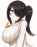  1girl :o absurdres bangs black_hair breasts brown_eyes brown_sweater food freckles from_side fruit glasses hair_over_one_eye highres huge_breasts indie_virtual_youtuber itou_life_(vtuber) kasaki_naru mandarin_orange one_eye_covered open_mouth ponytail solo sweater tawawa_challenge virtual_youtuber 