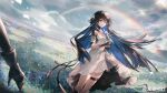  1girl black_hair cloud cloudy_sky disembodied_limb dress field flower flower_field grass hair_ornament highres long_hair looking_at_viewer multicolored_hair official_art punishing:_gray_raven rainbow selena_(punishing:_gray_raven) sky smile solo thigh_strap two-tone_hair upper_body white_dress zhang_shuang_pa_mi_shi 