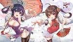  2girls ahoge anklet armpits asymmetrical_legwear azur_lane bangs black_footwear black_legwear breasts brown_hair brown_legwear china_dress chinese_clothes cleavage cleavage_cutout clothing_cutout covered_navel detached_sleeves dress fang fh_moya floating_hair floral_print folding_fan hand_fan high_heels highres holding holding_fan holding_umbrella jewelry lace-trimmed_legwear lace_trim large_breasts long_hair looking_at_viewer multiple_girls nail_polish ning_hai_(azur_lane) oil-paper_umbrella open_mouth orange_nails panda ping_hai_(azur_lane) puffy_sleeves purple_dress purple_eyes purple_hair purple_nails red_dress red_eyes red_footwear shawl sidelocks single_thighhigh skindentation skirt sleeveless sleeveless_dress small_breasts tassel teeth thighhighs tongue twintails umbrella underboob underboob_cutout upper_teeth white_skirt white_sleeves 