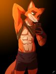  abs absurd_res anthro axxxonn biceps bodily_fluids bulge canid canine cellphone clothed clothing clothing_lift disney fingerless_gloves fox gloves green_eyes handwear hi_res male mammal muscular muscular_anthro nick_wilde orange_body pecs phone raised_arm shirt shirt_lift simple_background smile solo standing sweat topwear zootopia 
