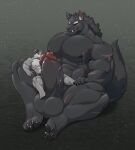  4_toes abs absurd_res anthro big_muscles big_penis black_hair black_pawpads black_sclera blaidd_(elden_ring) canid canine canis claws croiyan dark_grey_body dark_grey_fur duo elden_ring erection feet fromsoftware fur genitals grey_body grey_fur hair hand_on_penis hi_res huge_muscles huge_penis inner_ear_fluff it&#039;ll_never_fit jake_(jakewolf00) male male/male mammal muscular nipples pawpads pecs penis scar sitting size_difference teeth_showing toe_claws toes tuft vein veiny_penis video_games wolf worried_look 