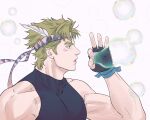  1boy acea_n bare_shoulders battle_tendency biceps blonde_hair bubble_blowing caesar_anthonio_zeppeli facial_mark feather_hair_ornament feathers fingerless_gloves gloves green_eyes hair_ornament headband highres jojo_no_kimyou_na_bouken male_focus profile sleeveless sleeveless_turtleneck solo turtleneck 