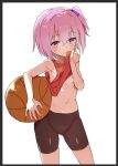  1girl basketball basketball_uniform bike_shorts caburi clothes_lift hair_ribbon highres looking_at_viewer no_bra no_panties original pink_eyes pink_hair ribbon shirt_lift short_hair simple_background solo sportswear standing sweatdrop 