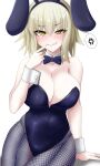  1girl alternate_costume anger_vein animal_ears black_bow black_bowtie black_leotard blonde_hair bow bowtie breasts detached_collar fake_animal_ears false_smile fate/grand_order fate_(series) fishnet_legwear fishnets highleg highleg_leotard highres jeanne_d&#039;arc_alter_(fate) large_breasts leotard pantyhose playboy_bunny rabbit_ears sawatarou_(roto) short_hair solo speech_bubble spoken_anger_vein strapless strapless_leotard wrist_cuffs yellow_eyes 