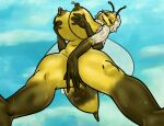  antennae_(anatomy) anthro areola arthropod arthropod_abdomen bee big_areola big_breasts big_nipples black_areola black_body black_eyes black_nipples blue_background bodily_fluids breast_grab breasts cloud cloudscape compound_eyes covering covering_crotch female fur hair hand_on_breast holding_breast huge_areola huge_breasts huge_nipples hymenopteran insect insect_wings lactating looking_at_viewer lostwisdom low-angle_view multi_arm multi_limb navel nipples nude queeny_(wayfared) simple_background sky slightly_chubby solo stinger thick_thighs wayfared white_body white_fur white_hair wide_hips wings worm&#039;s-eye_view yellow_body 
