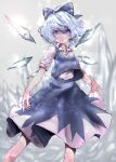  1girl :o ahoge bangs blue_bow blue_hair blue_skirt blue_vest bow breath cirno collared_shirt commentary feet_out_of_frame frost hair_between_eyes hair_bow highres ice ice_wings jeffree07 looking_at_viewer open_mouth purple_eyes shirt short_hair short_sleeves skirt solo touhou vest white_shirt wings 