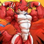  abs alternate_version_at_source anthro bandai_namco betelgammamon biceps big_muscles codpiece digimon digimon_ghost_game english_text hi_res horn huge_muscles hyper hyper_muscles male muscular muscular_anthro muscular_male pecs scalie solo text waddledox yellow_eyes 