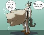  abdominal_bulge anthro beastars belly big_belly canid canine canis clothing dialogue fur grey_body grey_fur hand_on_stomach hi_res legoshi_(beastars) male mammal pajamas same_size_vore the_hookaloof vore wolf 