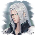  1boy absurdres artist_name darkmuleth final_fantasy final_fantasy_vii green_eyes hair_intakes high_collar highres lips long_hair male_focus nose portrait sephiroth signature slit_pupils solo white_hair 