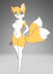  2022 2_tails anthro armwear blue_eyes breasts canid canine chest_tuft clothing crossgender dipstick_tail elbow_gloves eyebrows eyelashes featureless_breasts female fox fur gloves hand_on_hip handwear hi_res inner_ear_fluff legwear looking_at_viewer mammal markings miles_prower mtf_crossgender multi_tail scorpdk sega shoulder_tuft smile smiling_at_viewer solo sonic_the_hedgehog_(series) sparkles tail_markings tools tuft white_body white_fur wide_hips wrench yellow_body yellow_fur 