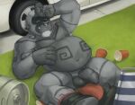  abdominal_bulge after_vore anthro ape balls beer_keg belly big_belly container cup facial_piercing flaccid foreskin fur genitals gorilla grey_body grey_fur gutsybeast hand_on_stomach haplorhine male mammal nose_piercing nose_ring penis piercing primate vore 