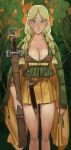  1girl aged_up areola_slip blonde_hair blue_eyes blush braid breasts cleavage closed_mouth flower green_jacket hair_flower hair_ornament high-waist_skirt highres jacket large_breasts long_hair looking_at_viewer miniskirt mossacannibalis robyn_goodfellowe scabbard sheath sheathed skirt smile solo standing sword twin_braids weapon wolfwalkers yellow_skirt 