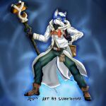  1:1 anthro blue_body blue_fur canid canine canis clothed clothing dylan_(magnuswolf) eyewear fur glasses hi_res log_horizon magic_staff magic_user male mammal pose snaketeeth12 solo staff white_body white_fur wolf 