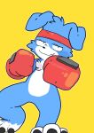  absurd_res accessory anthro bandai_namco blue_body blue_fur boxing_gloves canid canine claws clothing digimon digimon_(species) fur gaomon handwear headband hi_res male mammal punch simple_background solo tinntira yellow_background 