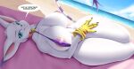  absurd_res anthro areola bandai_namco big_breasts bikini breasts clothing digimon digimon_(species) female gatomon hi_res huge_breasts lying mleonheart on_back pink_areola solo swimwear 