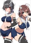  2girls ahoge black_gloves black_hair black_legwear blue_skirt braid breasts brown_hair chougei_(kancolle) comala_(komma_la) commentary_request cosplay crop_top elbow_gloves fake_horns fingerless_gloves gloves gradient_neckerchief grey_eyes hair_flaps hair_ornament hair_rings hairclip headgear highres horned_headwear horns i-201_(kancolle) i-201_(kancolle)_(cosplay) i-203_(kancolle) i-203_(kancolle)_(cosplay) jingei_(kancolle) kantai_collection large_breasts long_hair low_ponytail midriff multiple_girls neckerchief pencil_skirt red_eyes sailor_collar simple_background single_braid skirt sleeveless thighhighs twin_braids white_background white_neckerchief white_sailor_collar 