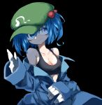  1girl bangs bare_shoulders black_background black_tank_top blue_eyes blue_hair blue_jacket breasts cleavage commentary flat_cap gloves green_headwear hair_bobbles hair_ornament hat highres jacket jeffree07 kawashiro_nitori long_sleeves looking_at_viewer midriff_peek off_shoulder shade short_hair solo tank_top touhou upper_body white_gloves 