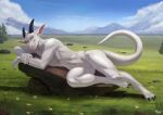 anthro detailed_background digital_media_(artwork) dragon grass horn illustration invalid_background looking_at_viewer lying maaia male plant scales scalie scenery solo sunbathing 