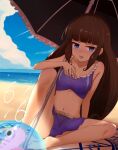  13-gou 1girl beach beach_umbrella belt blue_eyes brown_hair character_request cloud collarbone full_body long_hair looking_at_viewer navel ocean sand skirt solo swimsuit umbrella 