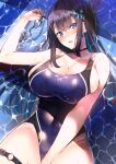  1girl black_hair blue_eyes blush breasts brown_hair caustics choker cleavage competition_swimsuit from_above highleg highleg_swimsuit huge_breasts kaerunoashi long_hair looking_at_viewer lying on_back one-piece_swimsuit original partially_submerged sideboob solo swimsuit water wet 
