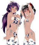  2girls animal_ears animal_print armpits arms_up bare_arms bare_shoulders bikini black_hair breasts cow_ears cow_horns cow_print fake_animal_ears fake_horns front-tie_bikini front-tie_top green_eyes hair_ornament hair_scrunchie highres horns kurokawa_makoto large_breasts long_hair looking_at_viewer love_live! love_live!_school_idol_project low_twintails multiple_girls pink_scrunchie purple_hair red_eyes scrunchie side-tie_bikini simple_background small_breasts swimsuit thighhighs toujou_nozomi twintails white_background white_bikini yazawa_nico 