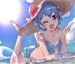  13-gou 1girl ass barefoot blue_eyes blue_hair braid character_request cloud collarbone full_body hat looking_at_viewer one_eye_closed open_mouth short_hair smile solo swimsuit water 