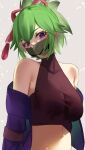  1girl absurdres bangs bare_shoulders black_shirt breasts commentary_request crop_top eyebrows_visible_through_hair genshin_impact green_hair grey_background highres jacket katagirinanoka kuki_shinobu large_breasts looking_at_viewer mask midriff mouth_mask off_shoulder partial_commentary ponytail purple_eyes purple_jacket shirt short_hair sidelocks simple_background sleeveless sleeveless_shirt solo stomach upper_body 