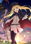  1girl absurdres artoria_caster_(fate) artoria_caster_(second_ascension)_(fate) artoria_pendragon_(fate) bangs black_bow black_gloves blonde_hair blush bow cloud cloudy_sky eyebrows_visible_through_hair eyes_visible_through_hair fate/grand_order fate_(series) forest gloves green_eyes hair_between_eyes hair_bow hair_ornament highres holding light_rays long_hair long_sleeves looking_at_viewer multiple_tails nature open_mouth outdoors purple_bow raincoat school_uniform shirt skirt sky smile solo sunlight tail taiyaki_(astre) two_tails white_shirt 