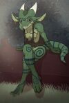  absurd_res anthro bottomless breasts brown_eyes celtic celtic_tattoos clothed clothing ear_piercing female finiuna green_body green_scales hanging_breasts hi_res kobold leaning leaning_forward looking_at_viewer minnosimmins nipple_piercing nipple_slip nipples piercing scales skimpy smile smiling_at_viewer tattoo 