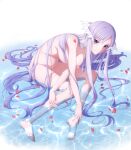  1girl absurdres bare_arms bare_legs bare_shoulders barefoot_sandals feet flower hair_censor hair_over_breasts hair_over_crotch highres long_hair looking_at_viewer nude pedal peri_(qq2748089832) purple_eyes purple_hair quinella rose soles sword_art_online sword_art_online:_alicization very_long_hair water wet 