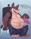  activision after_vore anthro belly big_belly blue_eyes bottomwear brown_body brown_fur canid canine canis clothing crash_bandicoot_(series) crocodile crocodilian crocodylid denim denim_clothing dialogue dingo dingodile fur gutsybeast hi_res hybrid jeans male mammal pants reptile same_size_vore scalie sharp_teeth teeth underwear video_games vore 