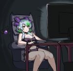  1girl bikini blank_stare breasts bsapricot bsapricot_(vtuber) choker cleavage commentary english_commentary eyebrows_visible_through_hair feet_out_of_frame green_eyes green_hair horns hot imagine_(meme) meme monitor multiple_horns navel pointy_ears screen_light sitting slouching solo strapless sweat swimsuit tube_top virtual_youtuber vshojo 