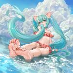  1girl aqua_eyes aqua_hair aqua_nails bangs bare_shoulders barefoot between_toes bikini bikini_skirt cloud cloudy_sky collarbone commentary_request feet fh_moya flat_chest floating_hair food-themed_hair_ornament food_print foot_focus hair_between_eyes hair_ornament hatsune_miku highres long_hair looking_at_viewer nail_polish navel outdoors partially_submerged pink_bikini sample_watermark shallow_water sitting sky soles solo strapless strapless_bikini strawberry_hair_ornament strawberry_print swimsuit thighs toenail_polish toenails toes twintails very_long_hair vocaloid water wet 