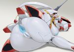 1girl android anus armor ass ass_focus blue_anus blue_nipples breasts censored colored_nipples colored_skin darling_in_the_franxx from_behind hand_on_own_ass heart heart_censor horns joints large_breasts looking_at_viewer looking_back lying nipples nude on_side pochincoff pussy red_eyes robot robot_joints sideways_mouth simple_background single_horn smile solo strelizia white_background white_skin 