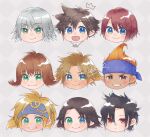  4boys 5girls :3 @_@ akzk_kh asymmetrical_hair bangs blonde_hair blue_eyes blue_headband blush braid brown_eyes brown_hair chain_necklace chibi crown earrings final_fantasy final_fantasy_viii final_fantasy_x final_fantasy_x-2 green_eyes grey_hair grin hair_between_eyes headband heterochromia jewelry kairi_(kingdom_hearts) kingdom_hearts kingdom_hearts_ii medium_hair multiple_boys multiple_girls open_mouth orange_hair paine_(ff10) parted_bangs portrait red_eyes red_hair rikku riku_(kingdom_hearts) scar scar_on_cheek scar_on_face selphie_tilmitt short_hair single_earring smile sora_(kingdom_hearts) spiked_hair tidus wakka yuna_(ff10) 