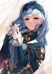  1girl bangs blue_cape blue_dress blue_hair blue_hairband blunt_bangs blush brown_eyes cape center_frills closed_mouth commentary_request curtains dress fire_emblem fire_emblem:_three_houses fire_emblem_warriors:_three_hopes frills hairband head_tilt highres lace_hairband long_hair long_sleeves looking_at_viewer marianne_von_edmund nakabayashi_zun official_alternate_hairstyle smile solo upper_body wavy_hair white_curtains 
