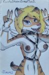  absurd_res ambiguous_gender anthro bdsm big_breasts black_collar bondage bound breasts collar collar_ring comicstormcreations cuff_(restraint) fangs felid female fur hair harness hi_res looking_at_viewer machairodontine mammal nipples nude open_mouth restraints sabertooth_(anatomy) shackles shaded simple_background smile solo text tongue traditional_media_(artwork) translated white_body white_fur 