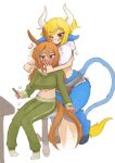  &lt;3 absurd_res animal_humanoid big_breasts blonde_hair blue_body blue_fur blush bottomwear bovid bovid_humanoid bovine bovine_humanoid breasts bulge cecilia_rodica clothing detailed_bulge duo equid equid_humanoid equine equine_humanoid erection footwear fur genital_outline gesture green_bottomwear green_clothing green_pants hair head_on_breast hi_res horn horned_humanoid humanoid intersex mammal mammal_humanoid orange_hair pants penis_outline poduu simple_background sitting socks standing suggestive suggestive_gesture tongue tongue_out unknown_character white_background white_body white_skin 