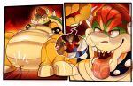  anthro belly big_belly bodily_fluids bowser collar comic drooling duo hair horn human imminent_vore kanoodlebin koopa macro male male/male mammal mario_bros nintendo open_mouth overweight overweight_male red_eyes red_hair reptile saliva scalie sharp_teeth size_difference spikes teeth tongue turtle uvula video_games vore 