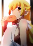  1girl armpit_crease back bangs bare_shoulders blonde_hair blurry blush_stickers bow breasts covered_nipples depth_of_field doughnut dress dress_bow eating flipped_hair food gesugesu_ahoaho hair_between_eyes halterneck hand_up holding holding_food long_hair looking_at_viewer monogatari_(series) one_eye_closed oshino_shinobu red_bow sidelocks small_breasts solo straight_hair white_dress yellow_eyes 