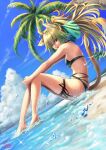  1girl absurdres ahoge animal_ears atalanta_(fate) bangs bare_shoulders beach bikini blonde_hair blush braid breasts cat_ears cat_tail fate/apocrypha fate/grand_order fate_(series) french_braid full_body green_eyes green_hair highres long_hair looking_at_viewer multicolored_hair outdoors palm_tree simple_background sitting small_breasts solo swimsuit tail takamsunicorn tree two-tone_hair wet 