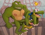  anal anthro backpack balls banjo-kazooie banjo_(banjo-kazooie) blue_eyes bottomwear clothed clothing crocodile crocodilian crocodylid donkey_kong_(series) duo erection genitals hi_res kremling male male/male male_penetrated male_penetrating male_penetrating_male nintendo nipples partially_clothed pecs penetration penis rareware reptile scalie sex ship shorts shorts_down size_difference sobekdraws vehicle video_games watercraft 